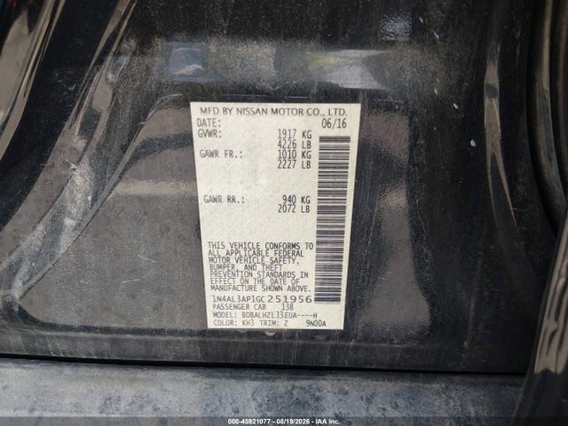 Продажа на аукционе авто 2016 Nissan Altima 2.5 Sr, vin: 1N4AL3AP1GC251956, номер лота: 45921077