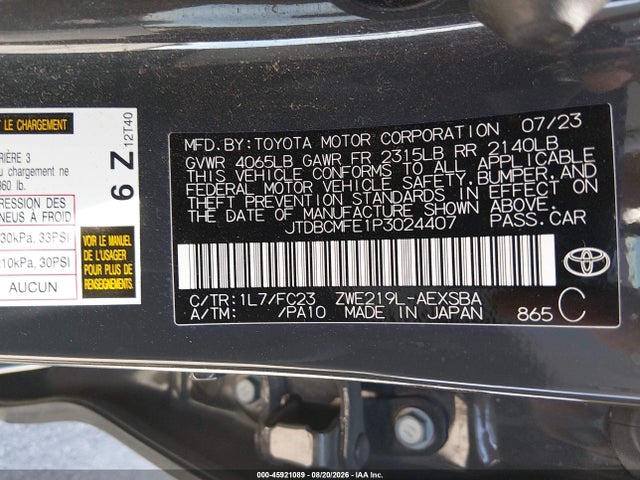 Aukcja sprzedaży 2023 Toyota Corolla Hybrid Se, vin: JTDBCMFE1P3024407, numer aukcji: 45921089