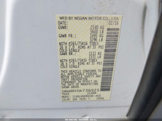 45921092 :رقم المزاد ، 1N6AD0EV5GN736925 vin ، 2016 Nissan Frontier Pro-4x مزاد بيع
