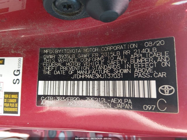 Продаж на аукціоні авто 2021 Toyota Corolla Le, vin: JTDHPMAE3MJ137031, номер лоту: 45921102