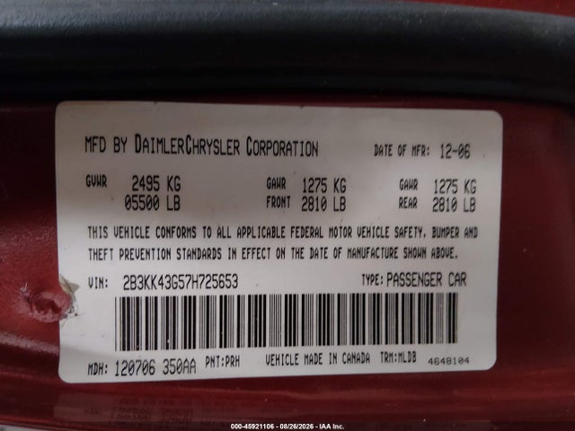 Aukcja sprzedaży 2007 Dodge Charger, vin: 2B3KK43G57H725653, numer aukcji: 45921106