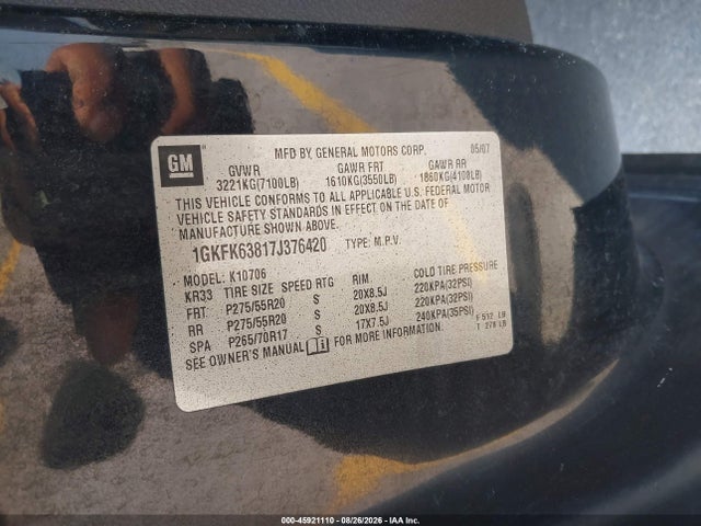 Aukcja sprzedaży 2007 Gmc Yukon Denali, vin: 1GKFK63817J376420, numer aukcji: 45921110