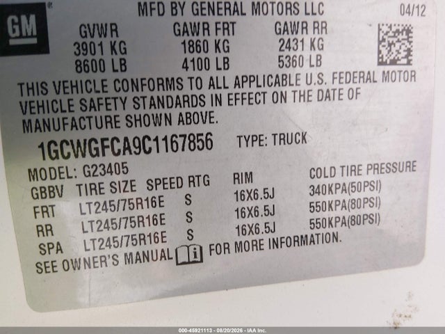 2012 Chevrolet Express 2500 Work Van მანქანა იყიდება აუქციონზე, vin: 1GCWGFCA9C1167856, აუქციონის ნომერი: 45921113