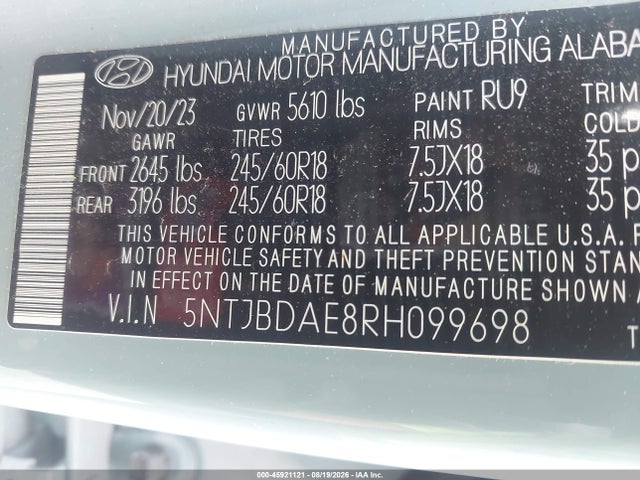 2024 Hyundai Santa Cruz Sel მანქანა იყიდება აუქციონზე, vin: 5NTJBDAE8RH099698, აუქციონის ნომერი: 45921121