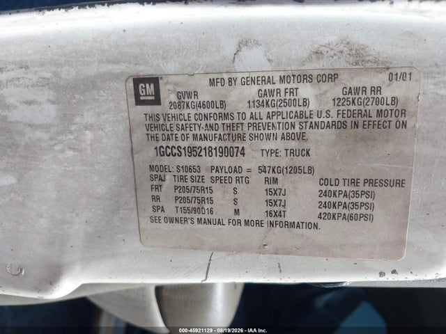 Aukcja sprzedaży 2001 Chevrolet S-10, vin: 1GCCS195218190074, numer aukcji: 45921129