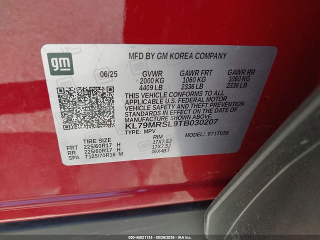 45921134 :رقم المزاد ، KL79MRSL9TB030207 vin ، 2026 Chevrolet Trailblazer Awd Lt مزاد بيع