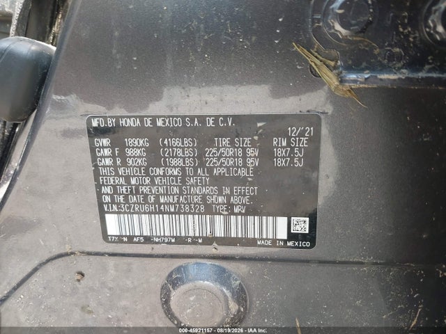 2022 Honda Hr-v Awd Sport მანქანა იყიდება აუქციონზე, vin: 3CZRU6H14NM738328, აუქციონის ნომერი: 45921157