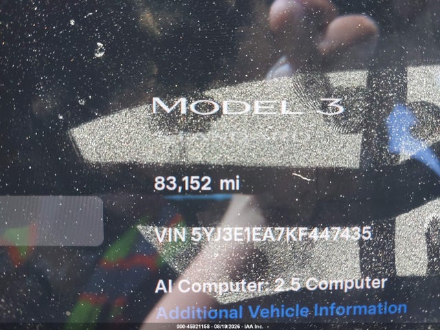 Продаж на аукціоні авто 2019 Tesla Model 3 Long Range/mid Range/standard Range/standard Range Plus, vin: 5YJ3E1EA7KF447435, номер лоту: 45921158