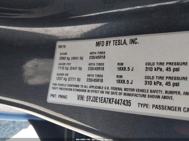 Продаж на аукціоні авто 2019 Tesla Model 3 Long Range/mid Range/standard Range/standard Range Plus, vin: 5YJ3E1EA7KF447435, номер лоту: 45921158