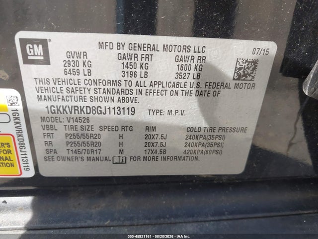 Продаж на аукціоні авто 2016 Gmc Acadia Slt-1, vin: 1GKKVRKD8GJ113119, номер лоту: 45921161