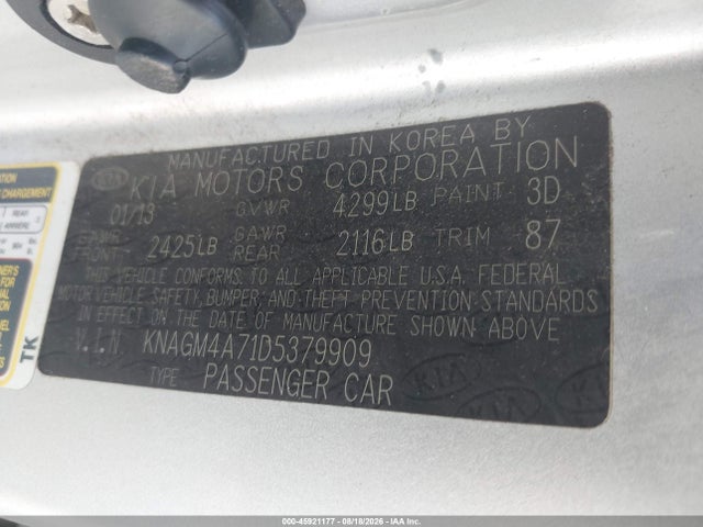 2013 Kia Optima Lx მანქანა იყიდება აუქციონზე, vin: KNAGM4A71D5379909, აუქციონის ნომერი: 45921177