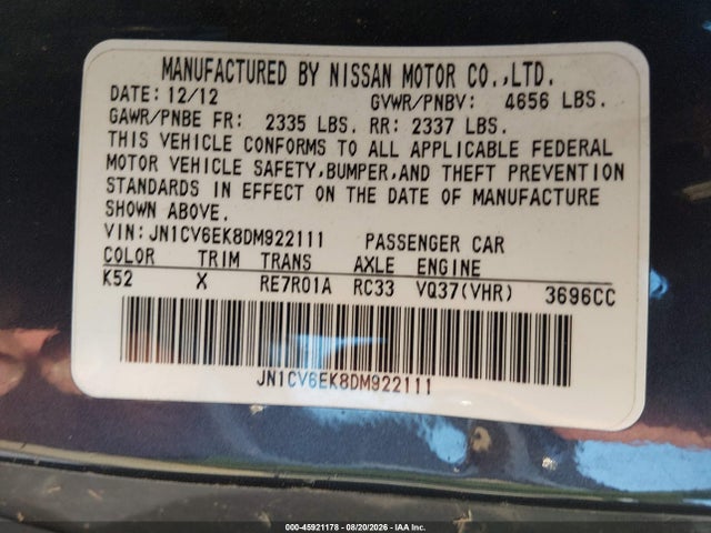 Продажа на аукционе авто 2013 Infiniti G37 Journey, vin: JN1CV6EK8DM922111, номер лота: 45921178