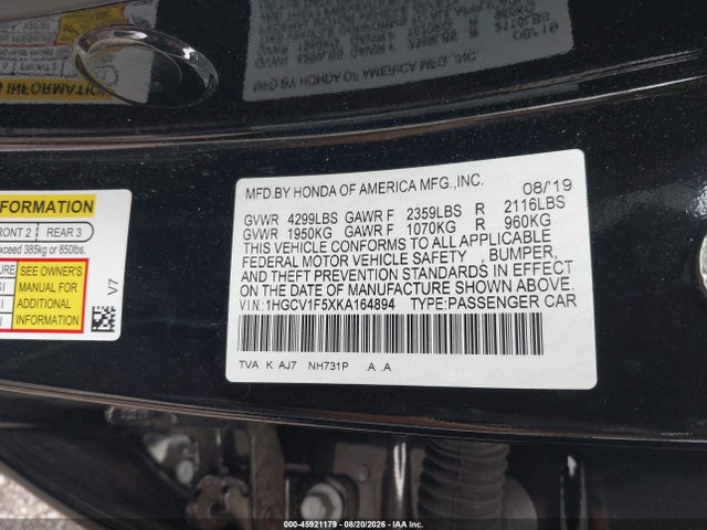 2019 Honda Accord Ex-l მანქანა იყიდება აუქციონზე, vin: 1HGCV1F5XKA164894, აუქციონის ნომერი: 45921179