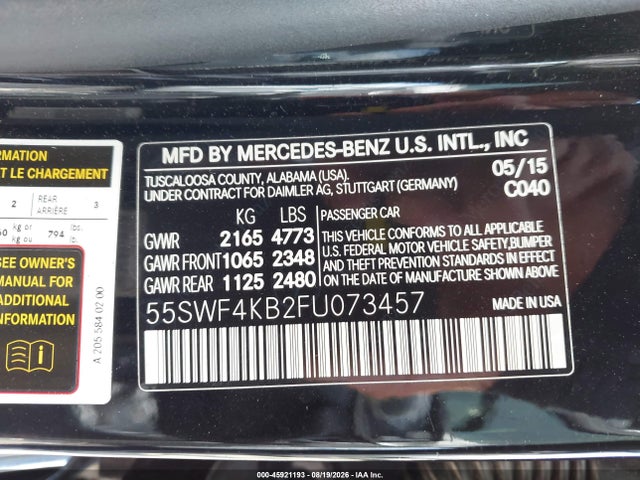 Aukcja sprzedaży 2015 Mercedes-benz C 300 4matic, vin: 55SWF4KB2FU073457, numer aukcji: 45921193