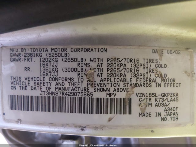 2002 Toyota 4runner Limited V6 მანქანა იყიდება აუქციონზე, vin: JT3HN87R429075665, აუქციონის ნომერი: 45921208