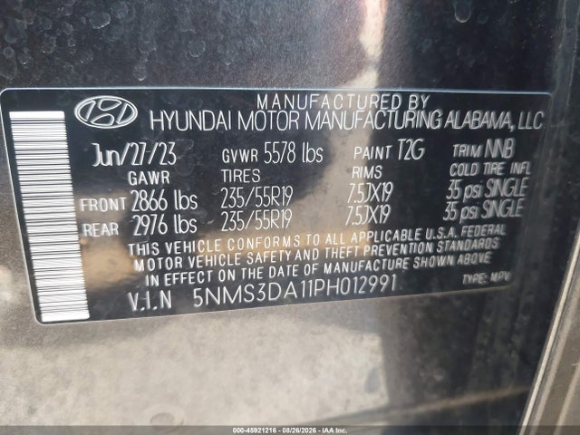 45921216 :رقم المزاد ، 5NMS3DA11PH012991 vin ، 2023 Hyundai Santa Fe Hybrid Sel Premium مزاد بيع