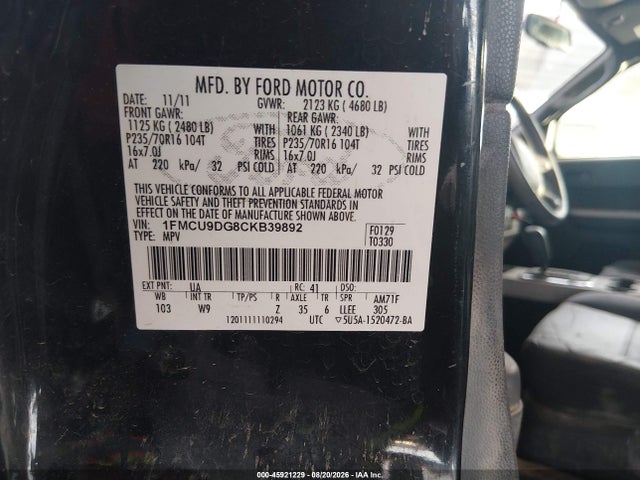 45921229 :رقم المزاد ، 1FMCU9DG8CKB39892 vin ، 2012 Ford Escape Xlt مزاد بيع