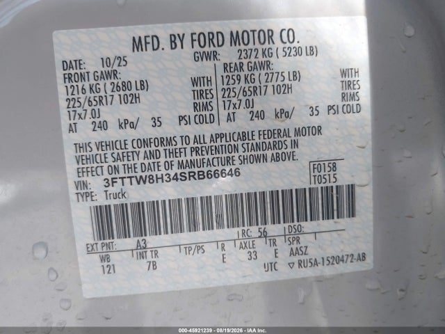 Продаж на аукціоні авто 2025 Ford Maverick Xlt, vin: 3FTTW8H34SRB66646, номер лоту: 45921239
