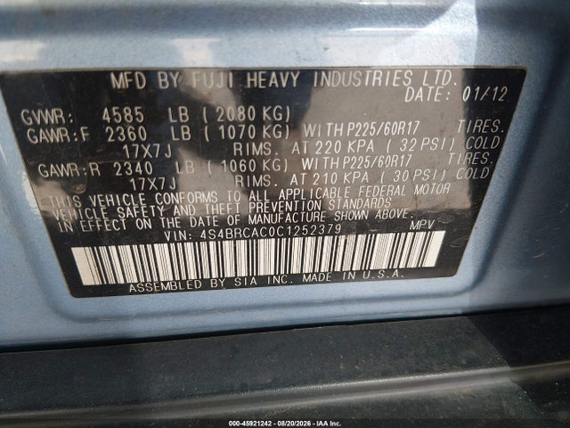 Продаж на аукціоні авто 2012 Subaru Outback 2.5i, vin: 4S4BRCAC0C1252379, номер лоту: 45921242