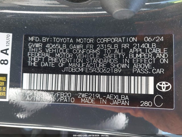 2024 Toyota Corolla Hybrid Le მანქანა იყიდება აუქციონზე, vin: JTDBCMFE5R3062189, აუქციონის ნომერი: 45921249