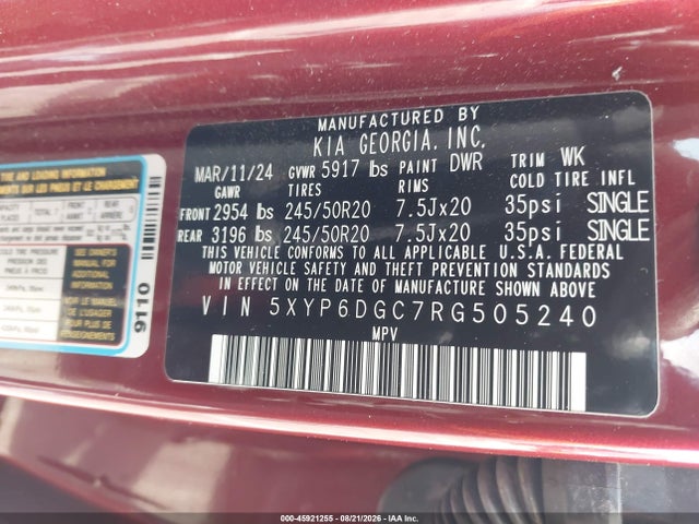 45921255 :رقم المزاد ، 5XYP6DGC7RG505240 vin ، 2024 Kia Telluride S مزاد بيع