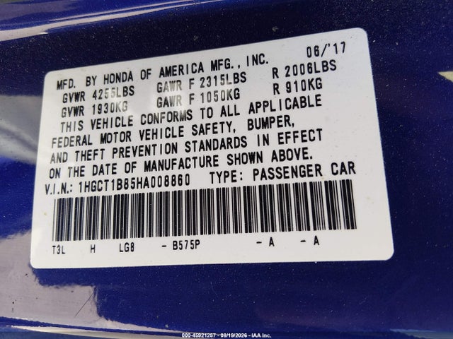 1HGCT1B85HA008860 Honda Accord Ex-l