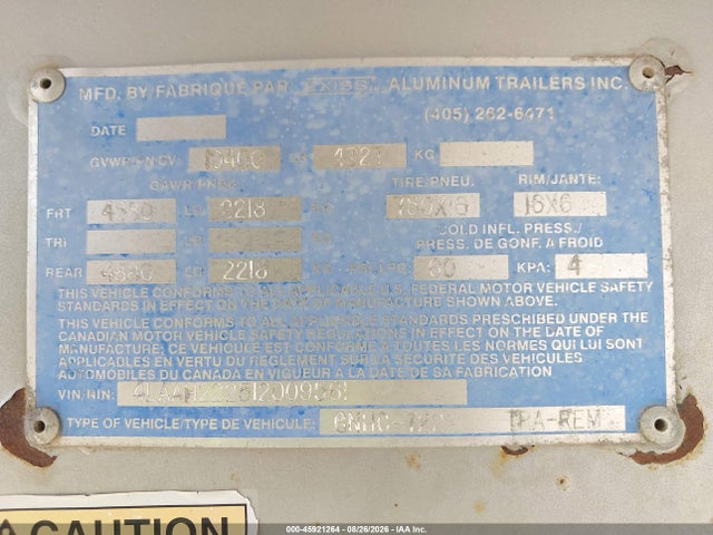 2001 Exxiss Aluminum Trailers Unknown მანქანა იყიდება აუქციონზე, vin: 4LAAH222512009561, აუქციონის ნომერი: 45921264
