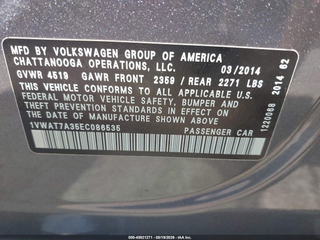 Продаж на аукціоні авто 2014 Volkswagen Passat 1.8t Wolfsburg Edition, vin: 1VWAT7A35EC086535, номер лоту: 45921271