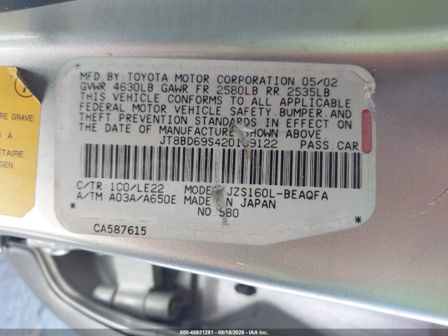 45921281 :رقم المزاد ، JT8BD69S420169122 vin ، 2002 Lexus Gs 300 مزاد بيع