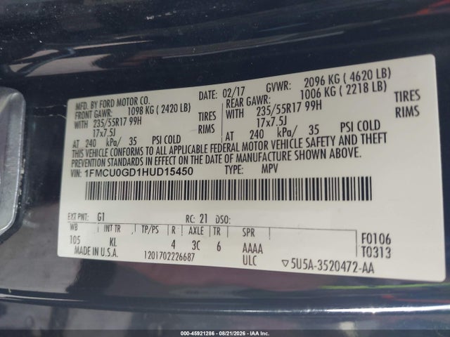 Продажа на аукционе авто 2017 Ford Escape Se, vin: 1FMCU0GD1HUD15450, номер лота: 45921286
