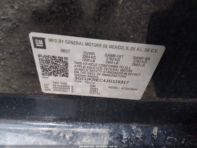 45921292 :رقم المزاد ، 3GCUKREC4JG116317 vin ، 2018 Chevrolet Silverado 1500 2lt مزاد بيع