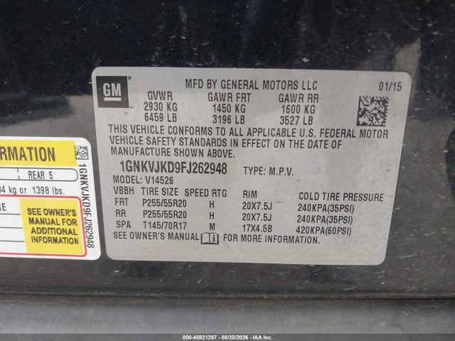 45921297 :رقم المزاد ، 1GNKVJKD9FJ262948 vin ، 2015 Chevrolet Traverse Ltz مزاد بيع