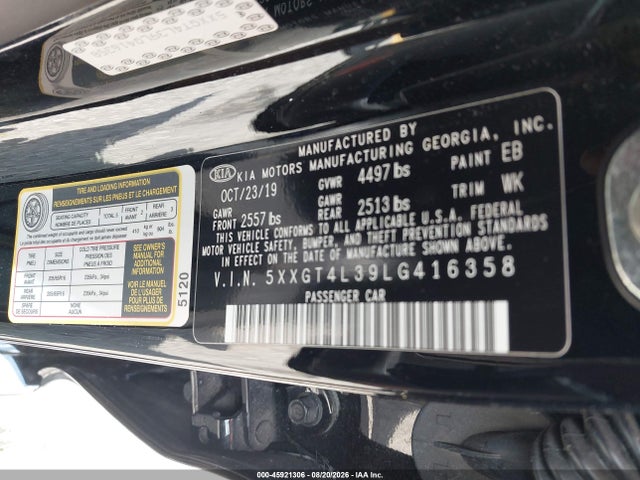 45921306 :رقم المزاد ، 5XXGT4L39LG416358 vin ، 2020 Kia Optima Lx مزاد بيع