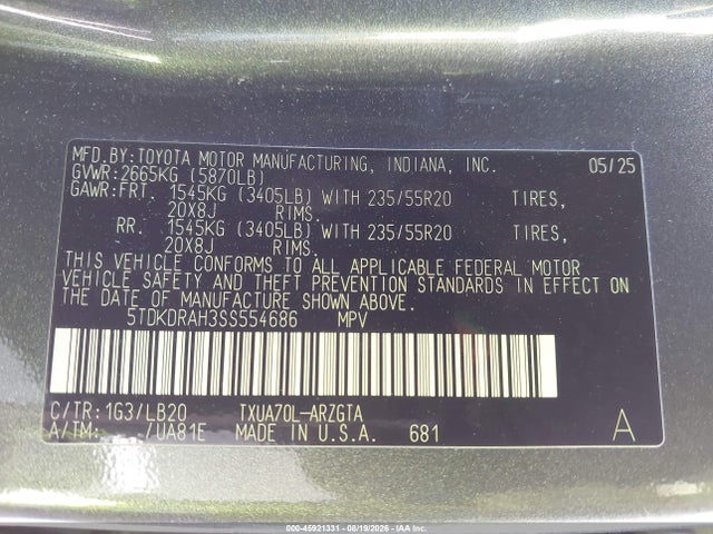 2025 Toyota Highlander Limited მანქანა იყიდება აუქციონზე, vin: 5TDKDRAH3SS554686, აუქციონის ნომერი: 45921331