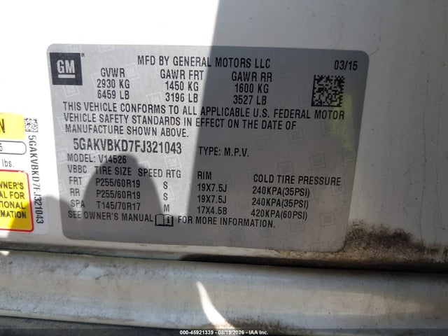 Продаж на аукціоні авто 2015 Buick Enclave Leather, vin: 5GAKVBKD7FJ321043, номер лоту: 45921339