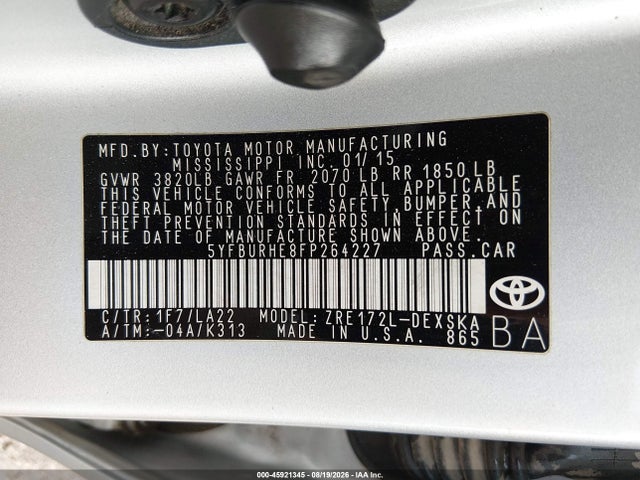 Продажа на аукционе авто 2015 Toyota Corolla S Premium, vin: 5YFBURHE8FP264227, номер лота: 45921345