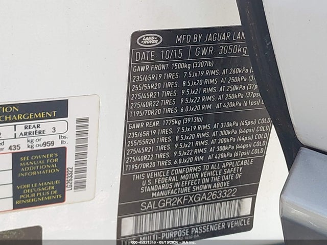 45921349 :رقم المزاد ، SALGR2KFXGA263322 vin ، 2016 Land Rover Range Rover 3.0l V6 Turbocharged Diesel Td6 مزاد بيع