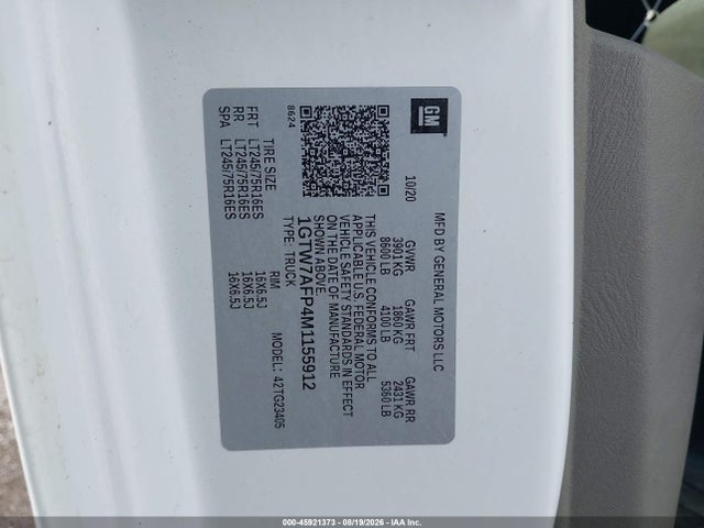 Продаж на аукціоні авто 2021 Gmc Savana Cargo Rwd 2500 Regular Wheelbase Work Van, vin: 1GTW7AFP4M1155912, номер лоту: 45921373