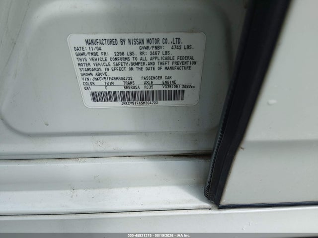 2005 Infiniti G35x მანქანა იყიდება აუქციონზე, vin: JNKCV51F45M304722, აუქციონის ნომერი: 45921375