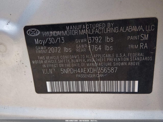 Продаж на аукціоні авто 2013 Hyundai Elantra Gls, vin: 5NPDH4AEXDH356587, номер лоту: 45921380
