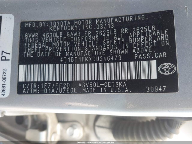 Aukcja sprzedaży 2013 Toyota Camry Se, vin: 4T1BF1FKXDU246473, numer aukcji: 45921386