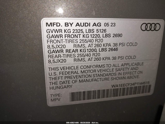 Aukcja sprzedaży 2023 Audi Q3 Premium Plus 45 Tfsi S Line Quattro Tiptronic, vin: WA1EECF34P1144515, numer aukcji: 45921406