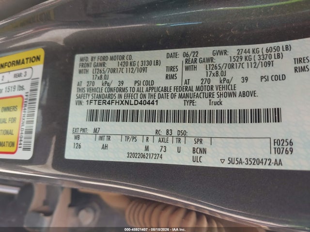 Aukcja sprzedaży 2022 Ford Ranger Xlt, vin: 1FTER4FHXNLD40441, numer aukcji: 45921407