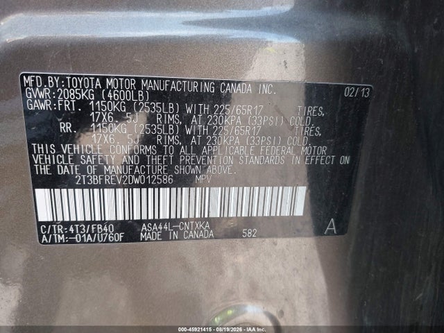 Aukcja sprzedaży 2013 Toyota Rav4 Le, vin: 2T3BFREV2DW012586, numer aukcji: 45921415