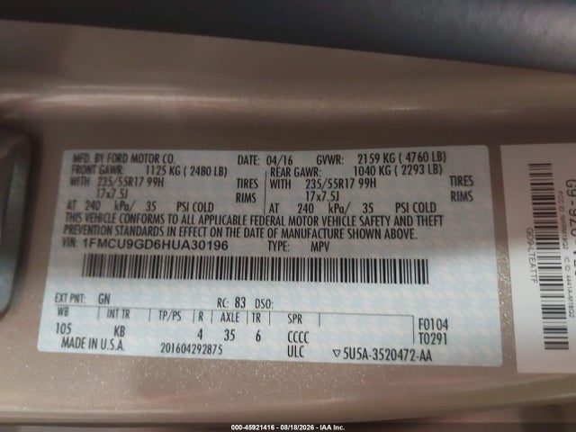 Ford ESCAPE SE 2017 1FMCU9GD6HUA30196 Image 9