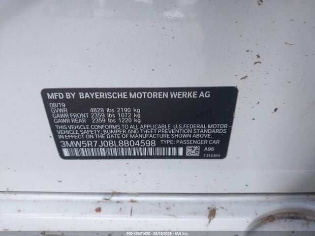 Aukcja sprzedaży 2020 Bmw 330i Xdrive, vin: 3MW5R7J08L8B04598, numer aukcji: 45921420