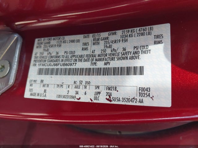 45921422 :رقم المزاد ، 1FMCU0J98FUB60977 vin ، 2015 Ford Escape Titanium مزاد بيع