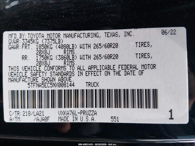 Aukcja sprzedaży 2022 Toyota Tundra Platinum, vin: 5TFNA5EC5NX008144, numer aukcji: 45921433