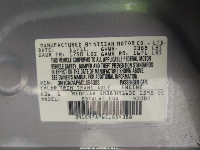Продаж на аукціоні авто 2012 Nissan Versa 1.6 S, vin: 3N1CN7AP6CL854388, номер лоту: 45921434