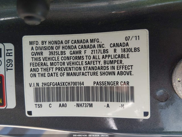 2012 Honda Civic Si მანქანა იყიდება აუქციონზე, vin: 2HGFG4A5XCH700164, აუქციონის ნომერი: 45921436